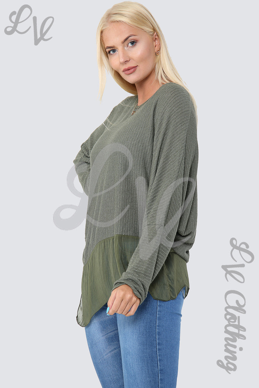 Ladies Asymmetrical Lurex Floaty Top Khaki - Unit Price £8.99