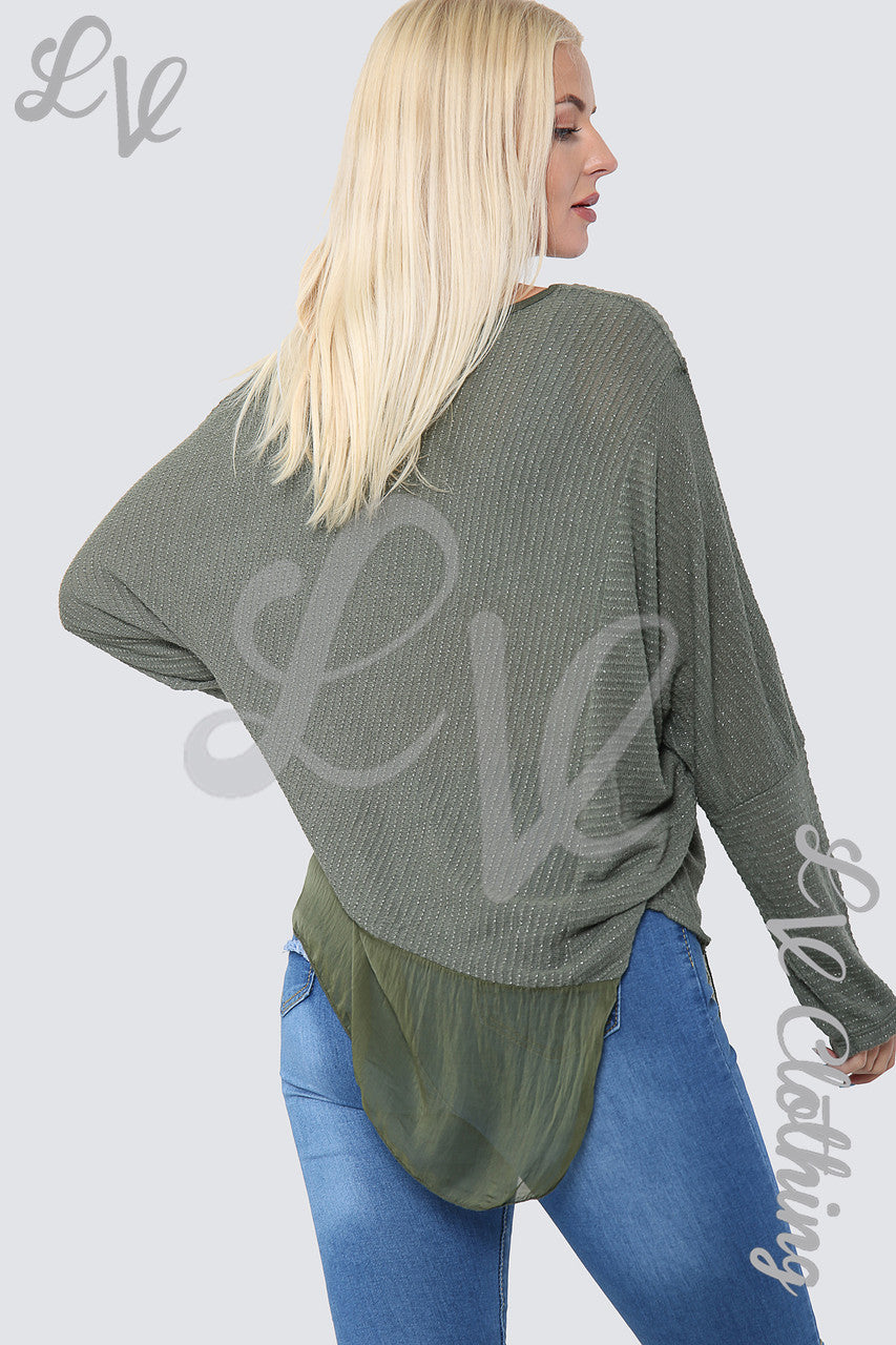 Ladies Asymmetrical Lurex Floaty Top Khaki - Unit Price £8.99