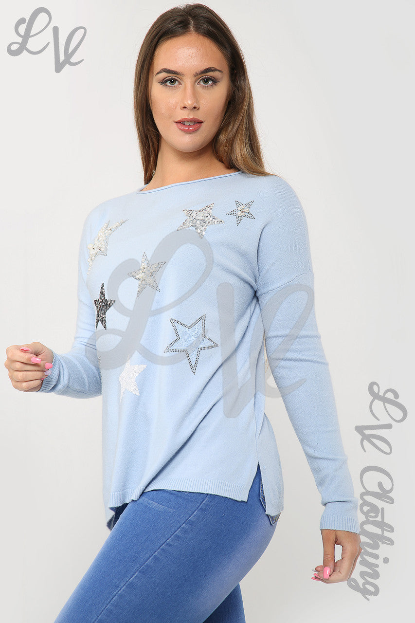 Ladies Diamante Sequin Star Print Jumper Light Blue - Unit Price £16.99