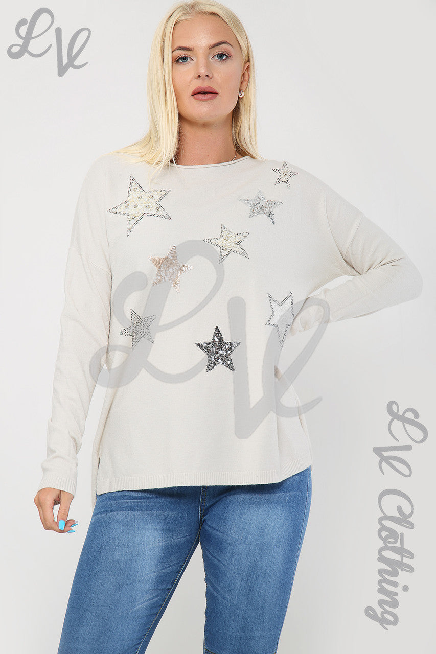 Ladies Diamante Sequin Star Print Jumper Oatmeal - Unit Price £16.99