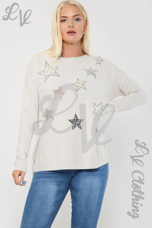 Dames Diamante Pailletten Sterrenprint Trui Havermout - Stukprijs €16,99