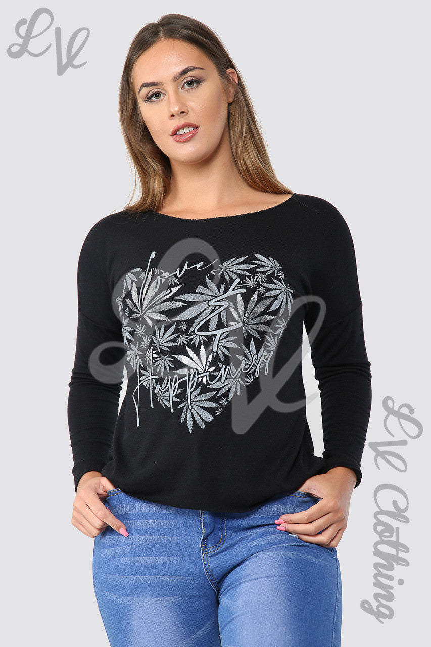 Ladies Leaf Heart Graphic Top Black - Unit Price £10.99