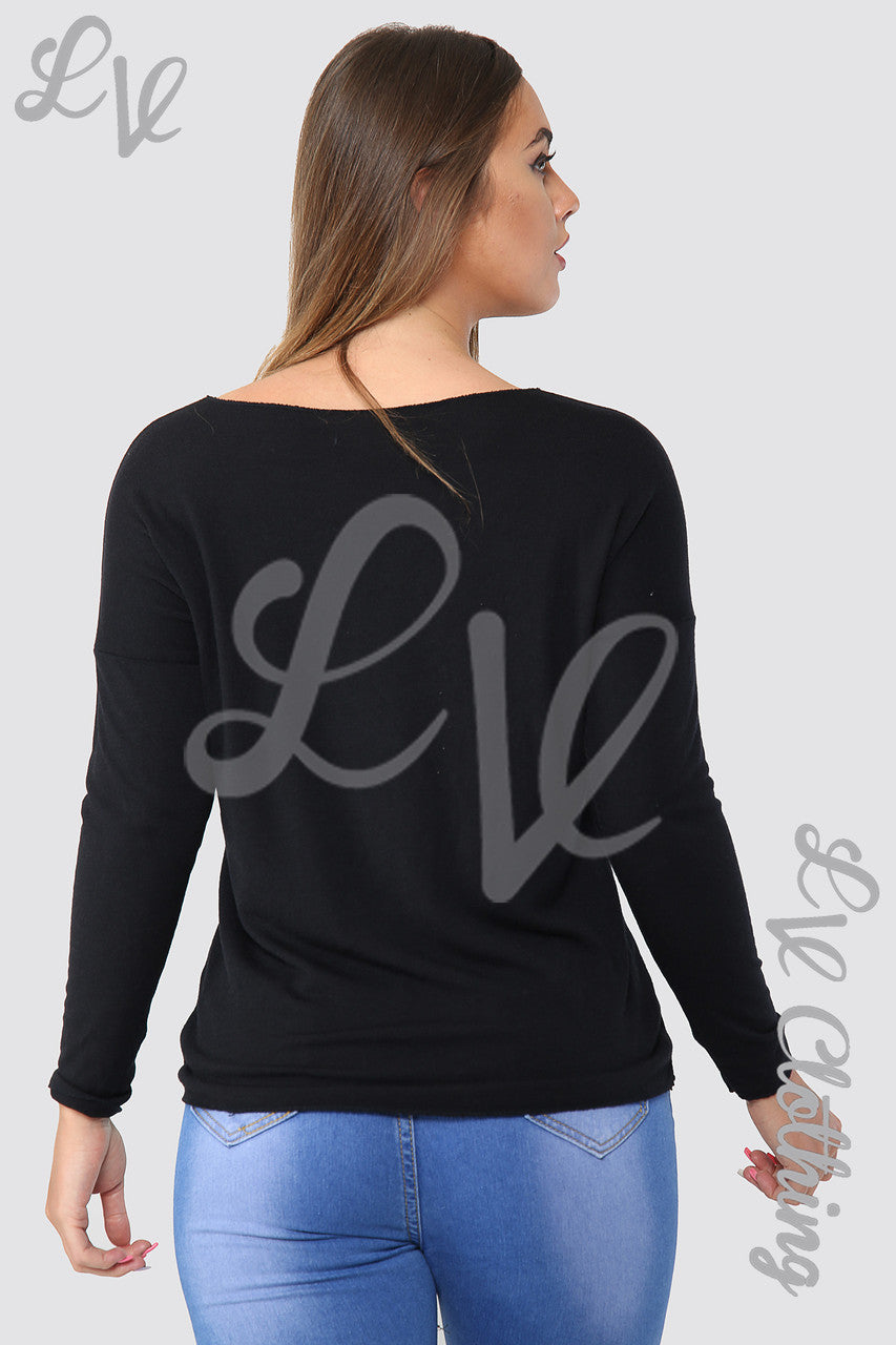 Ladies Leaf Heart Graphic Top Black - Unit Price £10.99