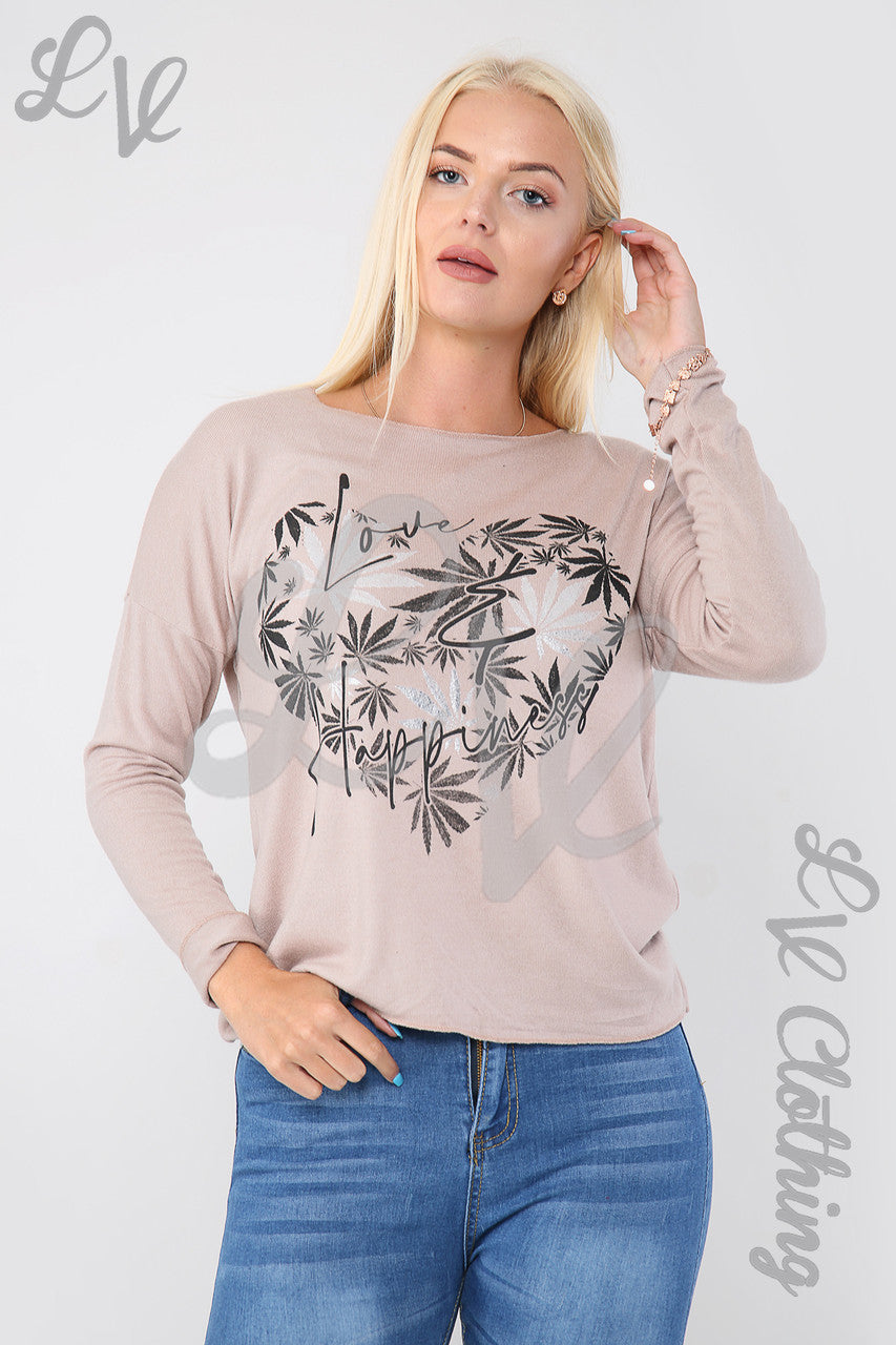 Ladies Leaf Heart Graphic Top Dusty Pink - Unit Price £10.99