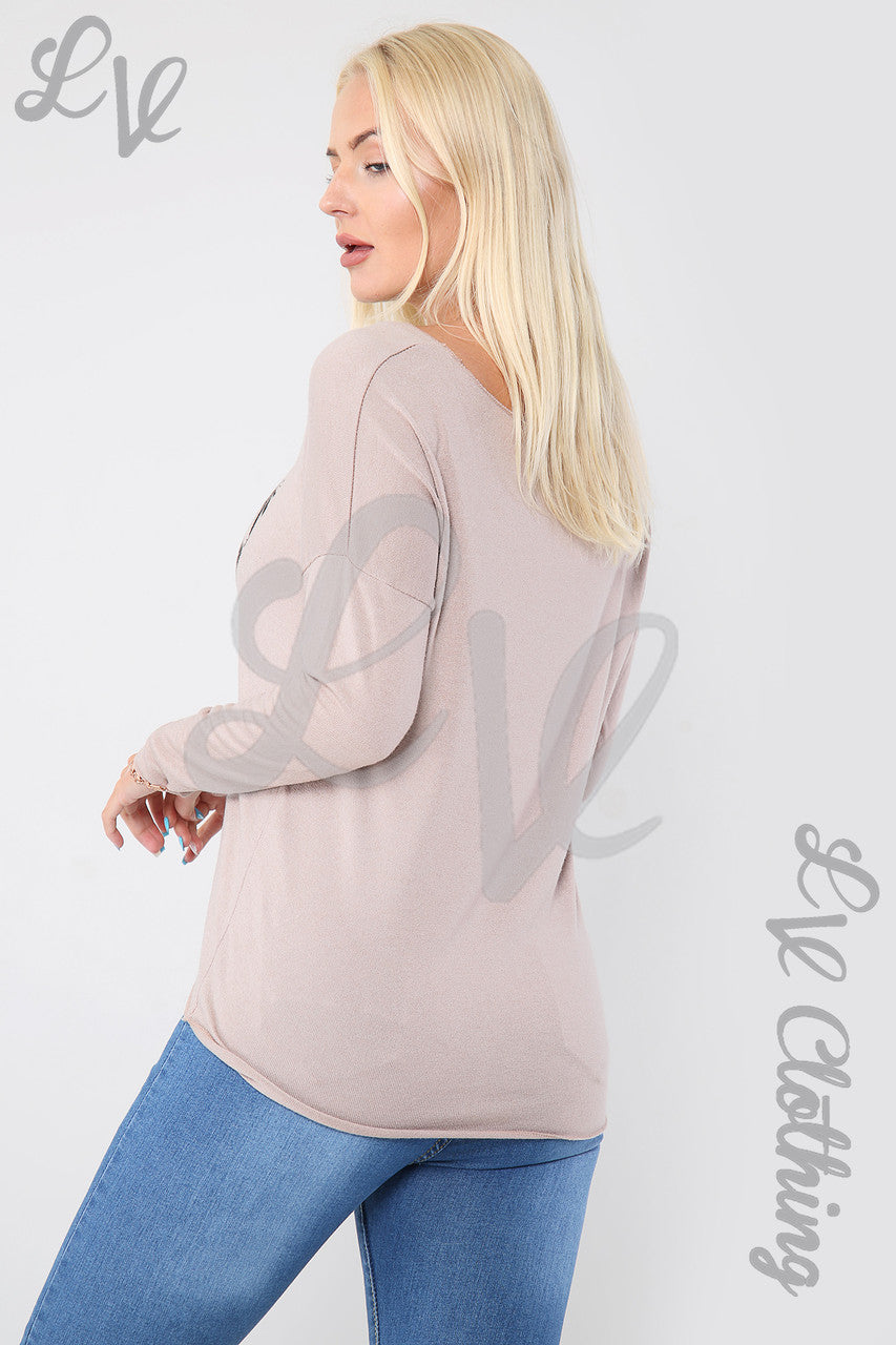Ladies Leaf Heart Graphic Top Dusty Pink - Unit Price £10.99