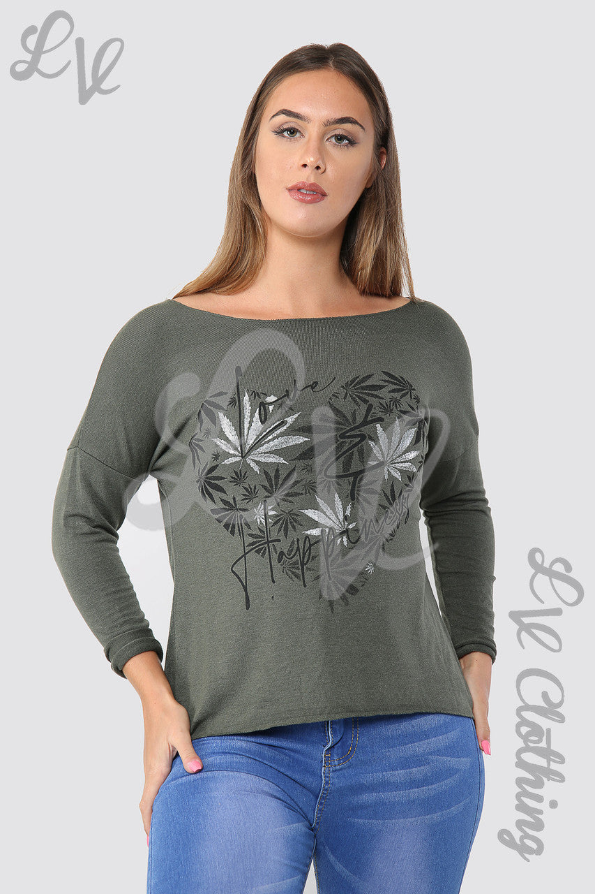 Ladies Leaf Heart Graphic Top Khaki - Unit Price £10.99