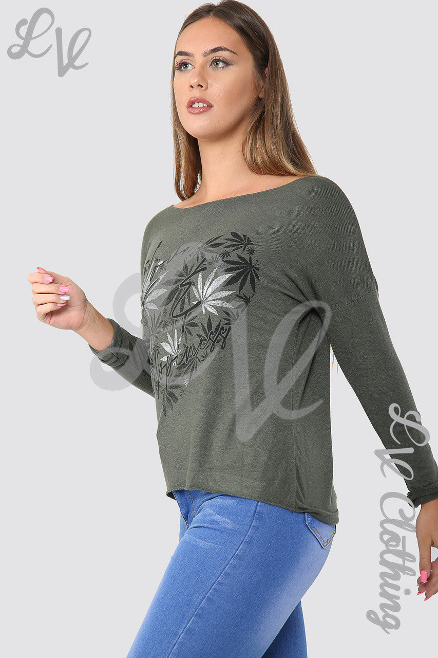 Ladies Leaf Heart Graphic Top Khaki - Unit Price £10.99