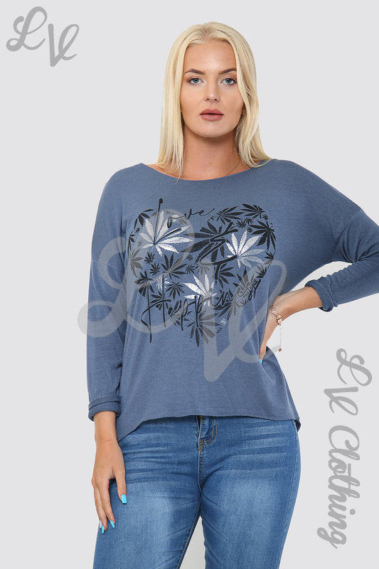 Denim blue long-sleeve top with leaf heart graphic