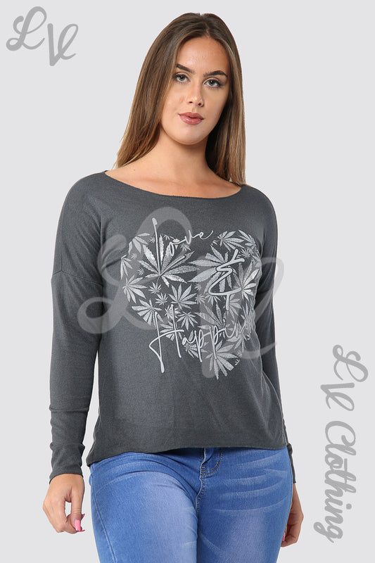 Charcoal long-sleeve top with leaf-and-heart graphic front, wide neckline