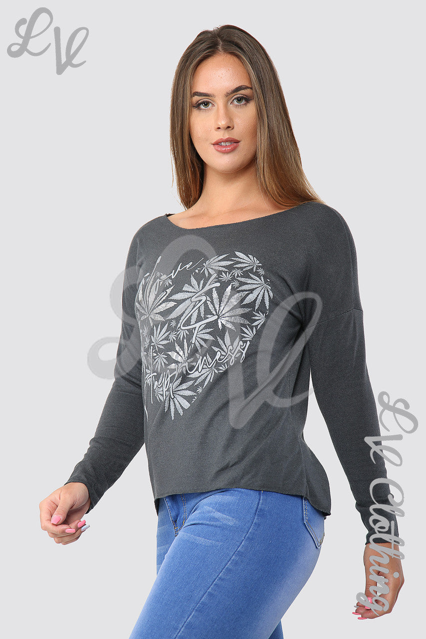 Ladies Leaf Heart Graphic Top Charcoal - Unit Price £10.99