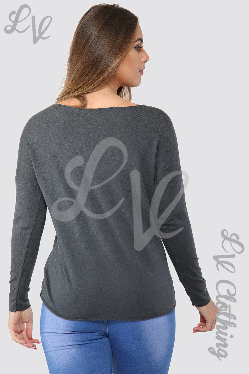 Ladies Leaf Heart Graphic Top Charcoal - Unit Price £10.99
