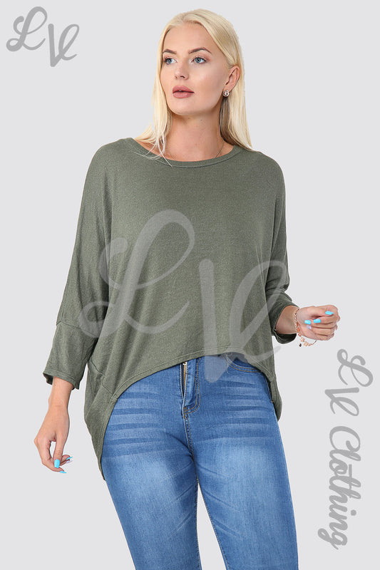Ladies plain hi-lo hem top in olive green, loose fit with long sleeves