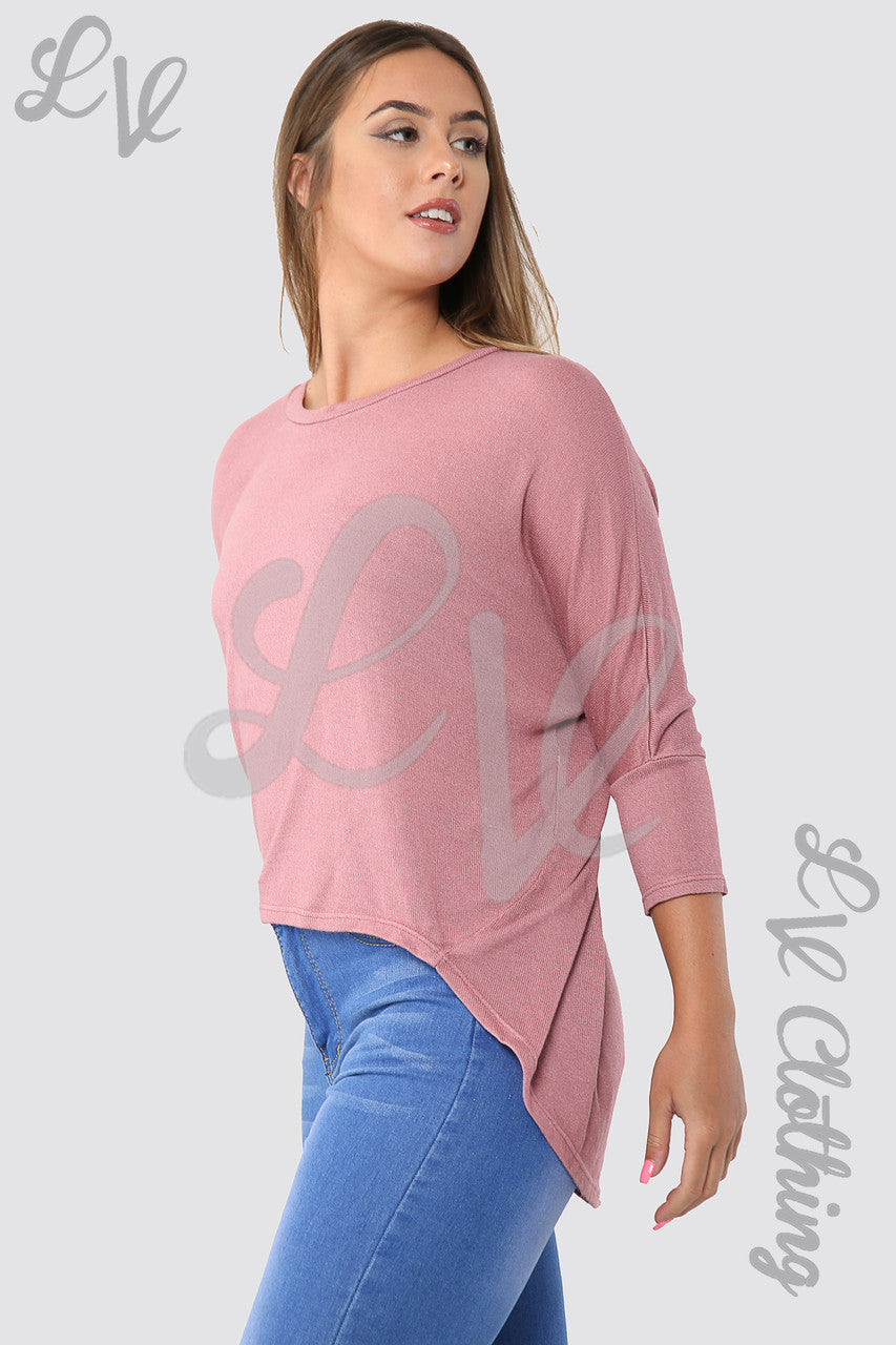 Ladies Plain Hi Lo Hem Fine Knit Top  Dusty Pink - Unit Price £8.99