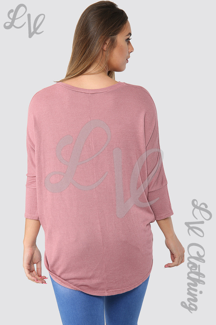 Ladies Plain Hi Lo Hem Fine Knit Top  Dusty Pink - Unit Price £8.99