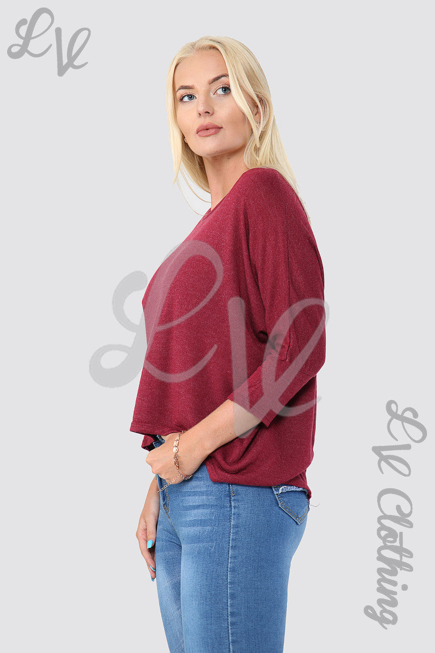 Ladies Plain Hi Lo Hem Fine Knit Top  Burgundy - Unit Price £8.99