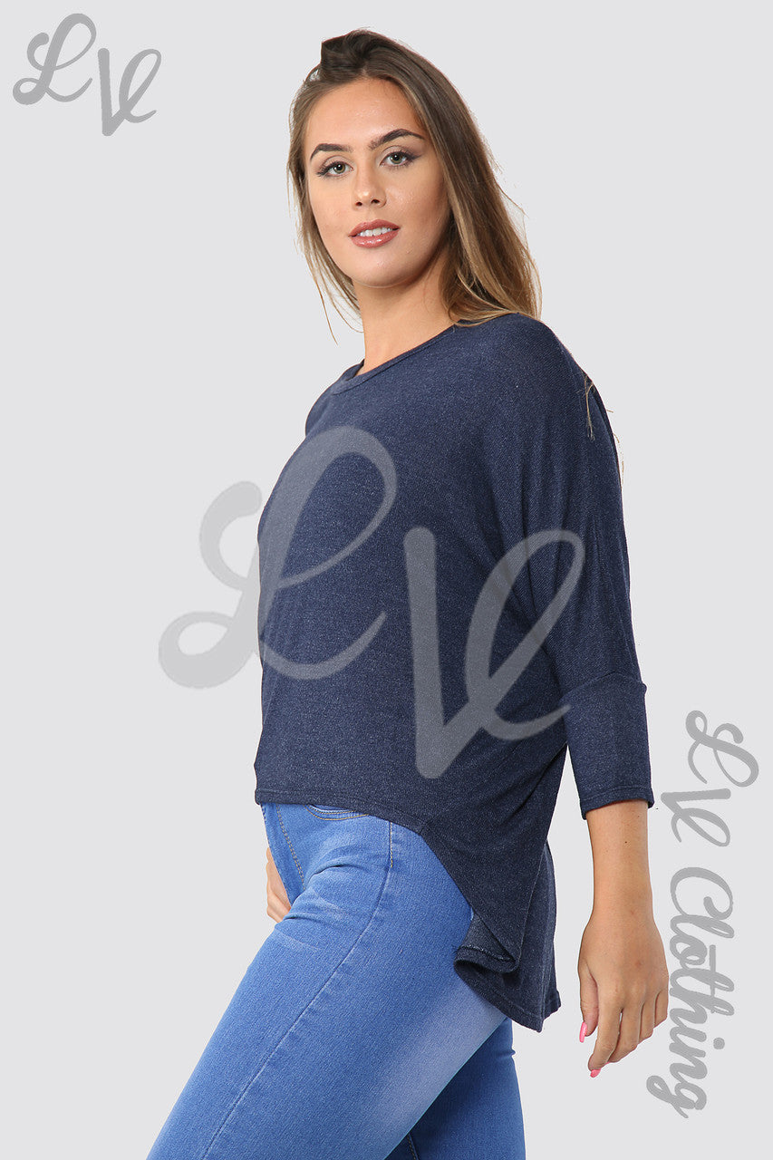 Ladies Plain Hi Lo Hem Fine Knit Top  Navy - Unit Price £8.99