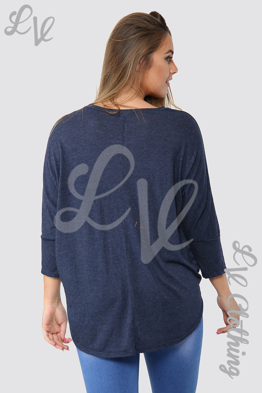 Ladies Plain Hi Lo Hem Fine Knit Top  Navy - Unit Price £8.99