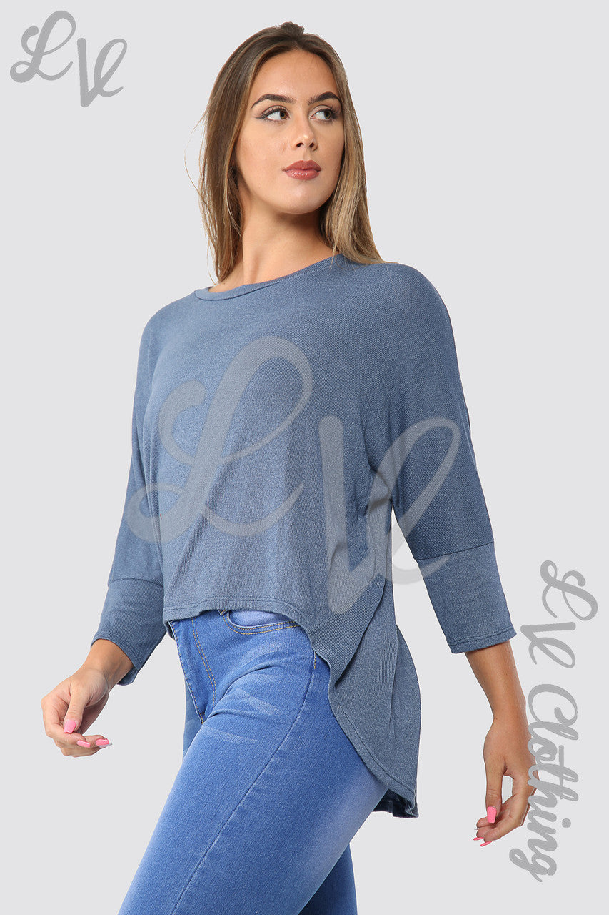 Ladies Plain Hi Lo Hem Fine Knit Top Denim - Unit Price £8.99