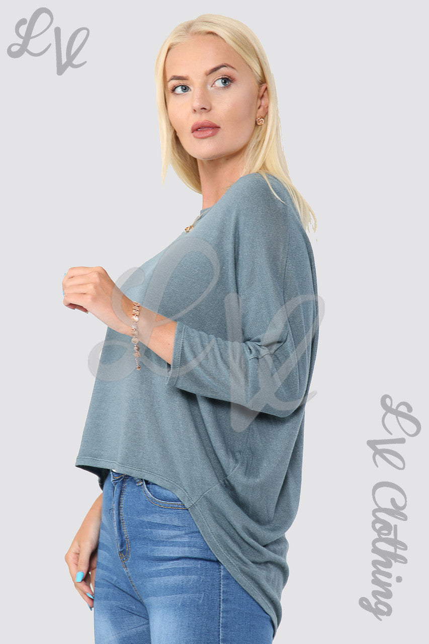Ladies Plain Hi Lo Hem Fine Knit Top  Teal - Unit Price £8.99
