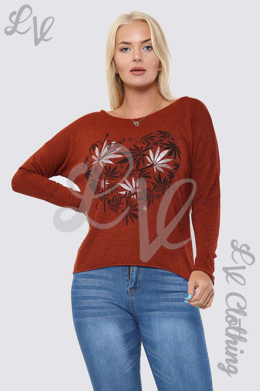 Ladies Leaf Heart Graphic Top Rust - Unit Price £10.99