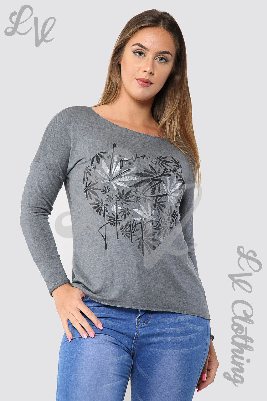 Ladies Leaf Heart Graphic Top Silver - Unit Price £10.99