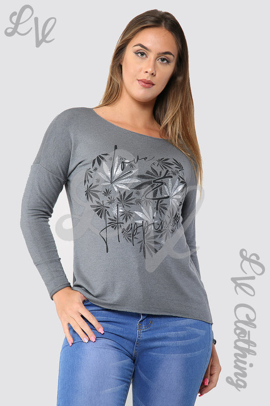 Grey long-sleeve top with silver leaf heart graphic on front