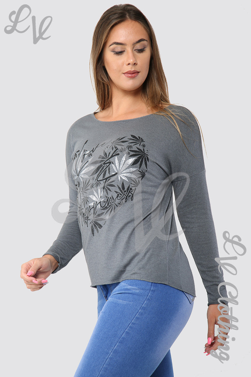 Ladies Leaf Heart Graphic Top Silver - Unit Price £10.99