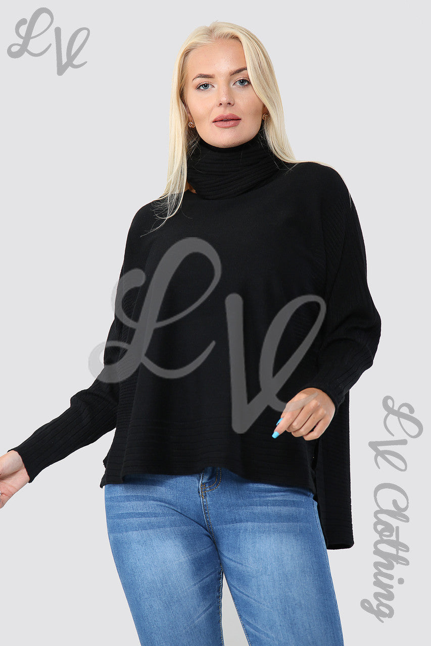 Ladies Zig-Zag Imprint Jumper With High Neck and Tie Side Detail Black - Unit Price £16.99