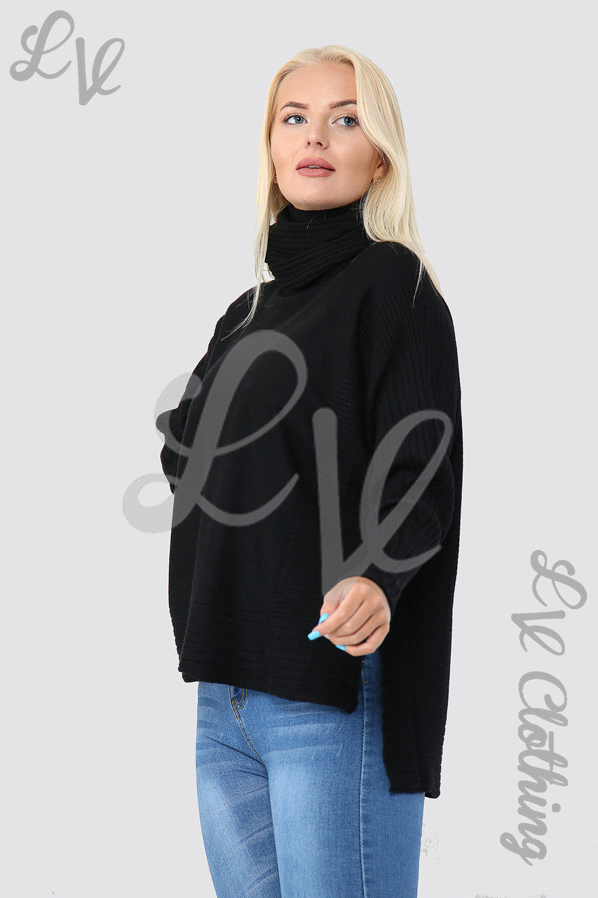 Ladies Zig-Zag Imprint Jumper With High Neck and Tie Side Detail Black - Unit Price £16.99