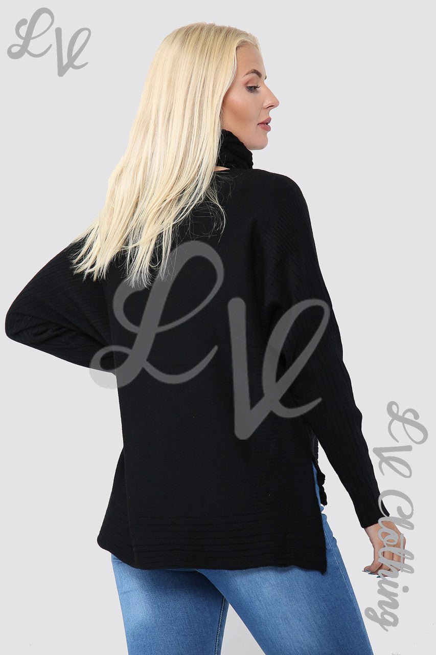 Ladies Zig-Zag Imprint Jumper With High Neck and Tie Side Detail Black - Unit Price £16.99