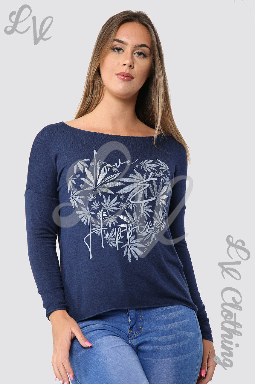 Ladies Leaf Heart Graphic Top Navy - Unit Price £10.99