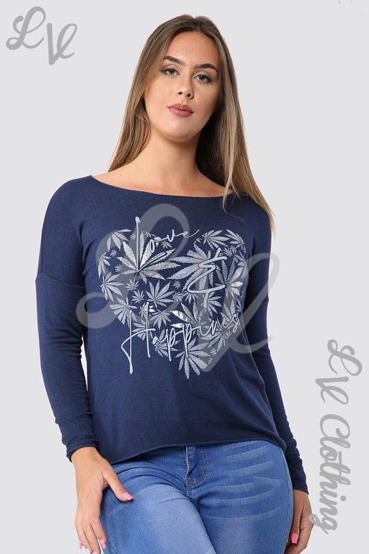 Navy long-sleeve top with white leaf heart graphic at center front