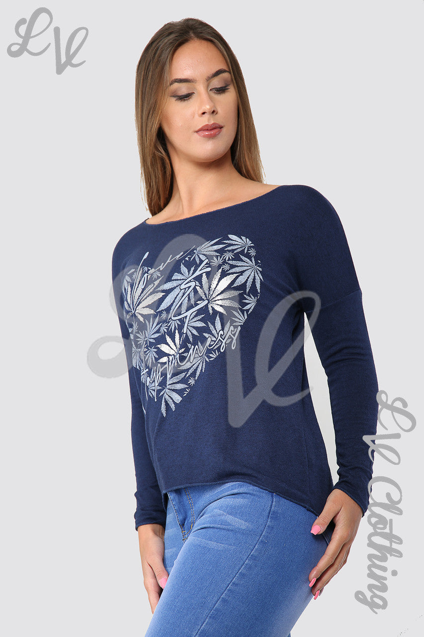 Ladies Leaf Heart Graphic Top Navy - Unit Price £10.99