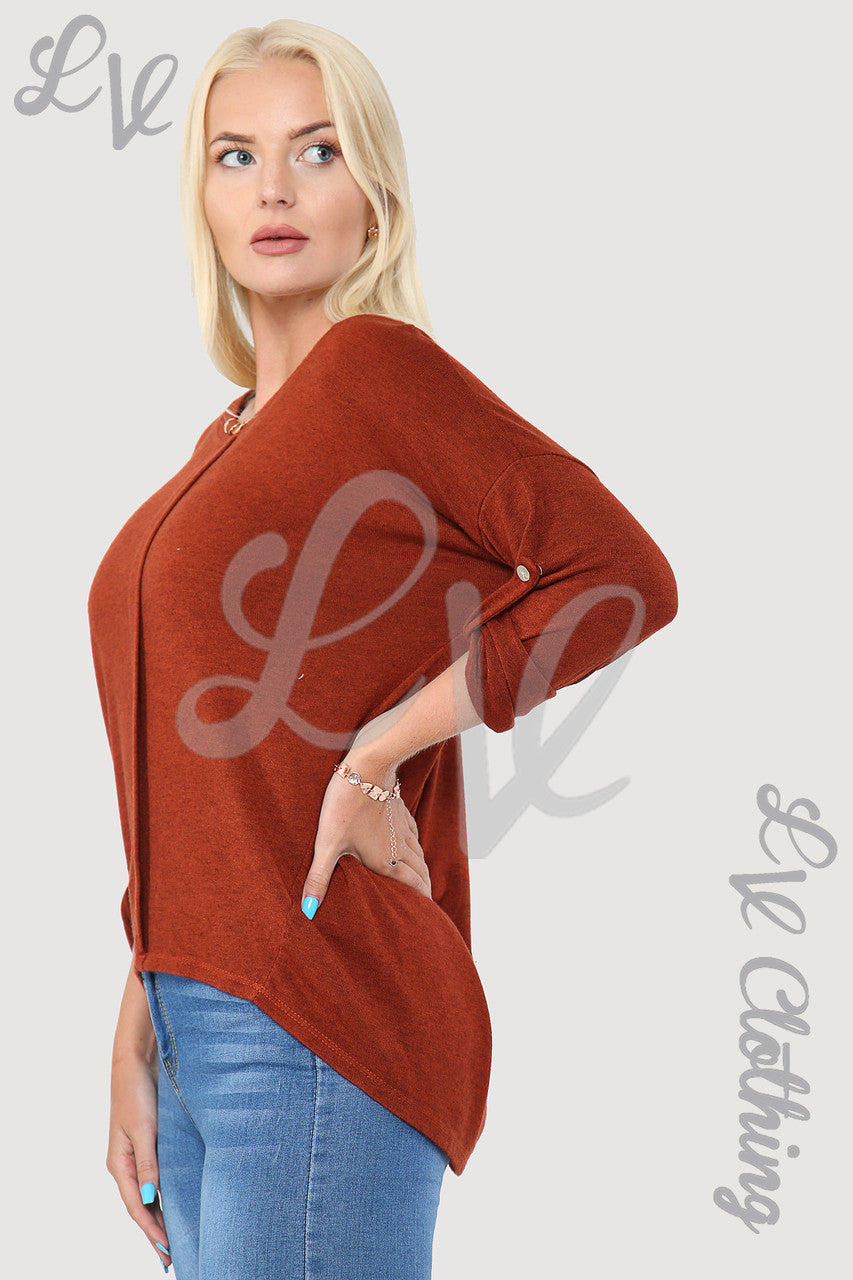 Dames Effen Top Met Enkele Plooi Voorzijde Roest - Eenheidsprijs €8.99