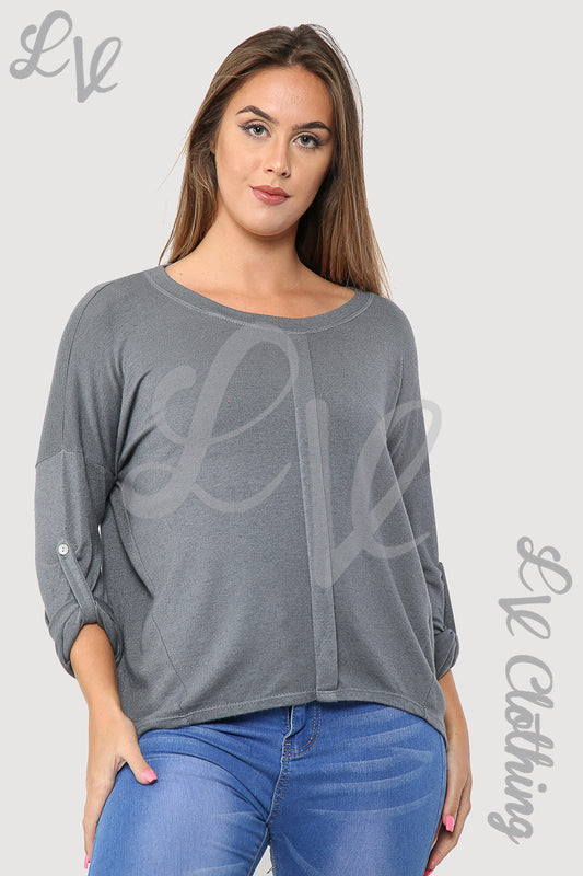 Grey ladies top with long sleeves and front pleat, loose fit