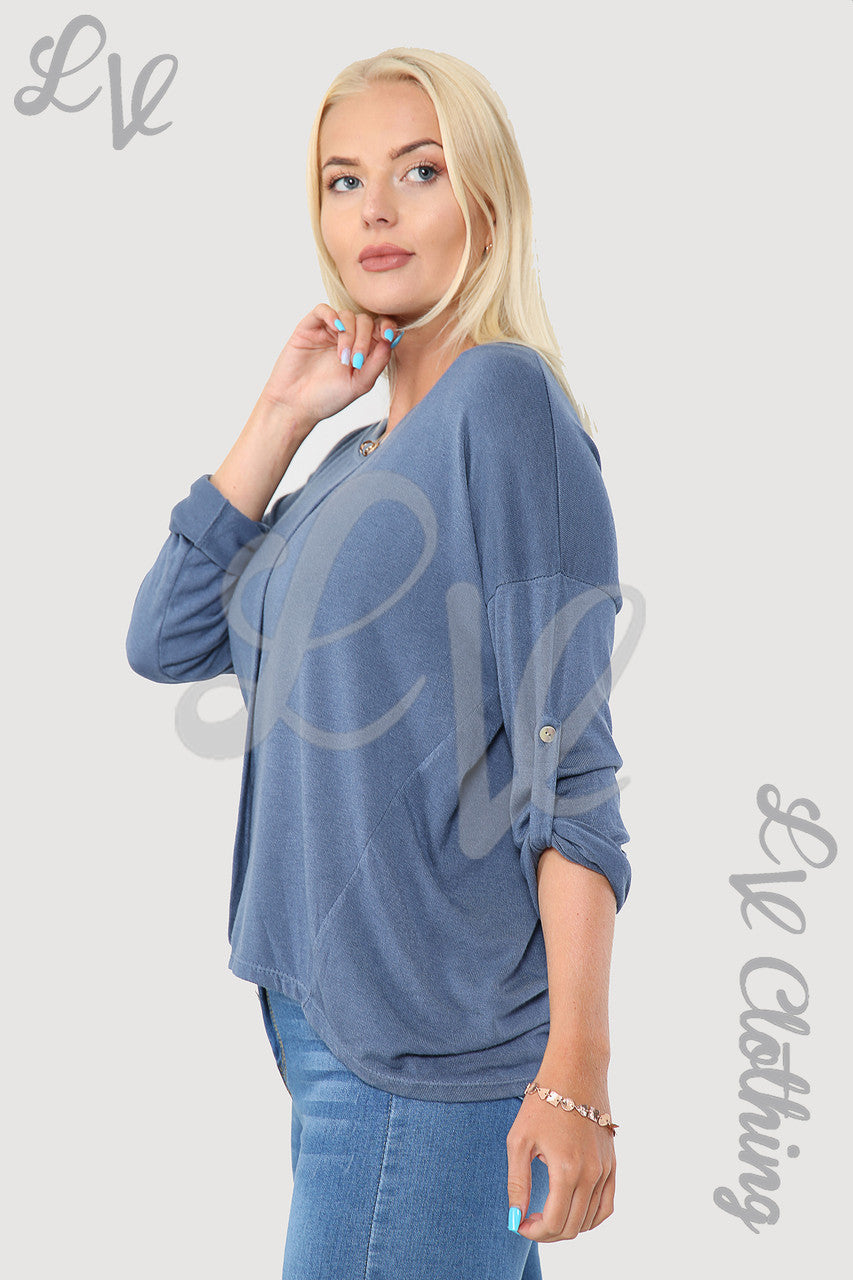 Dames Effen Top Met Enkele Plooi Aan De Voorkant Van Denim - Stukprijs € 8,99