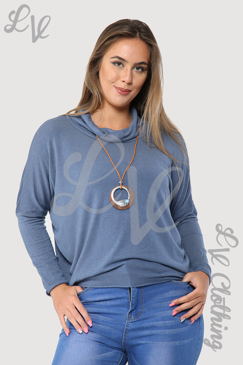Ladies Plain Cowl Neck Top With Necklace Denim - Unit Price £6.99