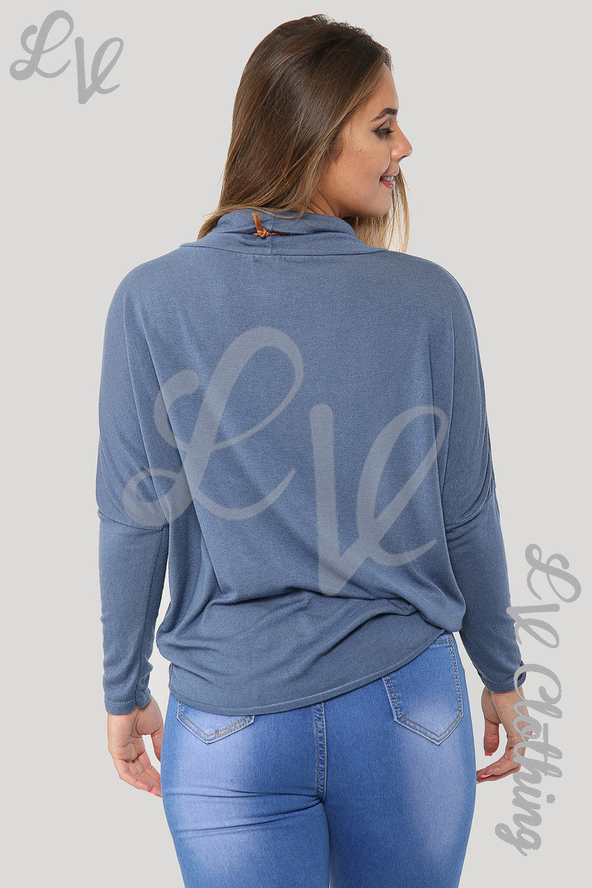 Ladies Plain Cowl Neck Top With Necklace Denim - Unit Price £6.99