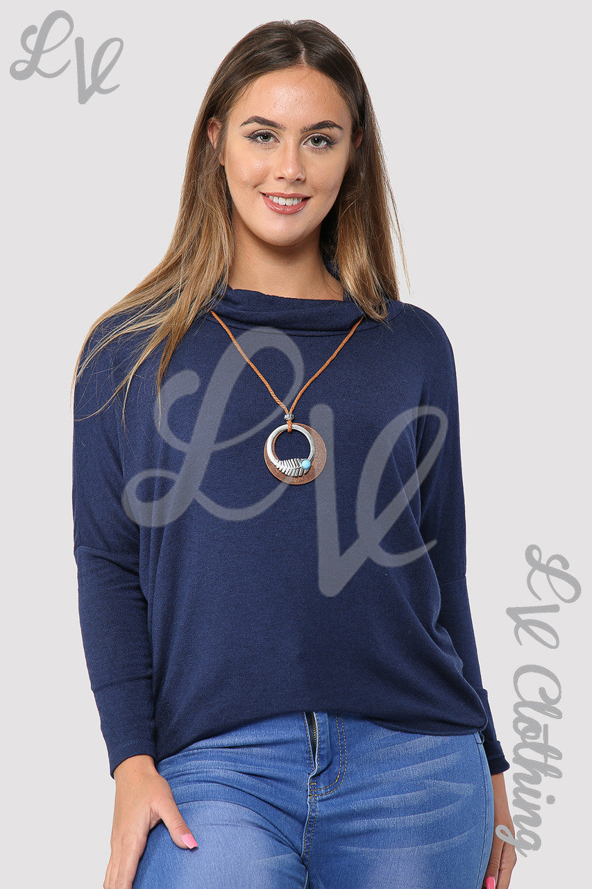 Ladies Plain Cowl Neck Top With Necklace Navy - Unit Price £6.99