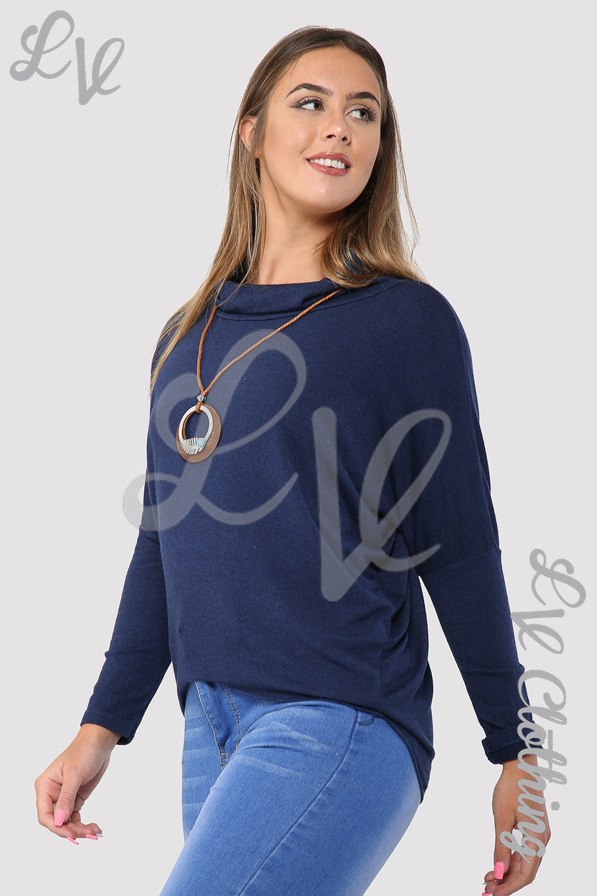 Ladies Plain Cowl Neck Top With Necklace Navy - Unit Price £6.99