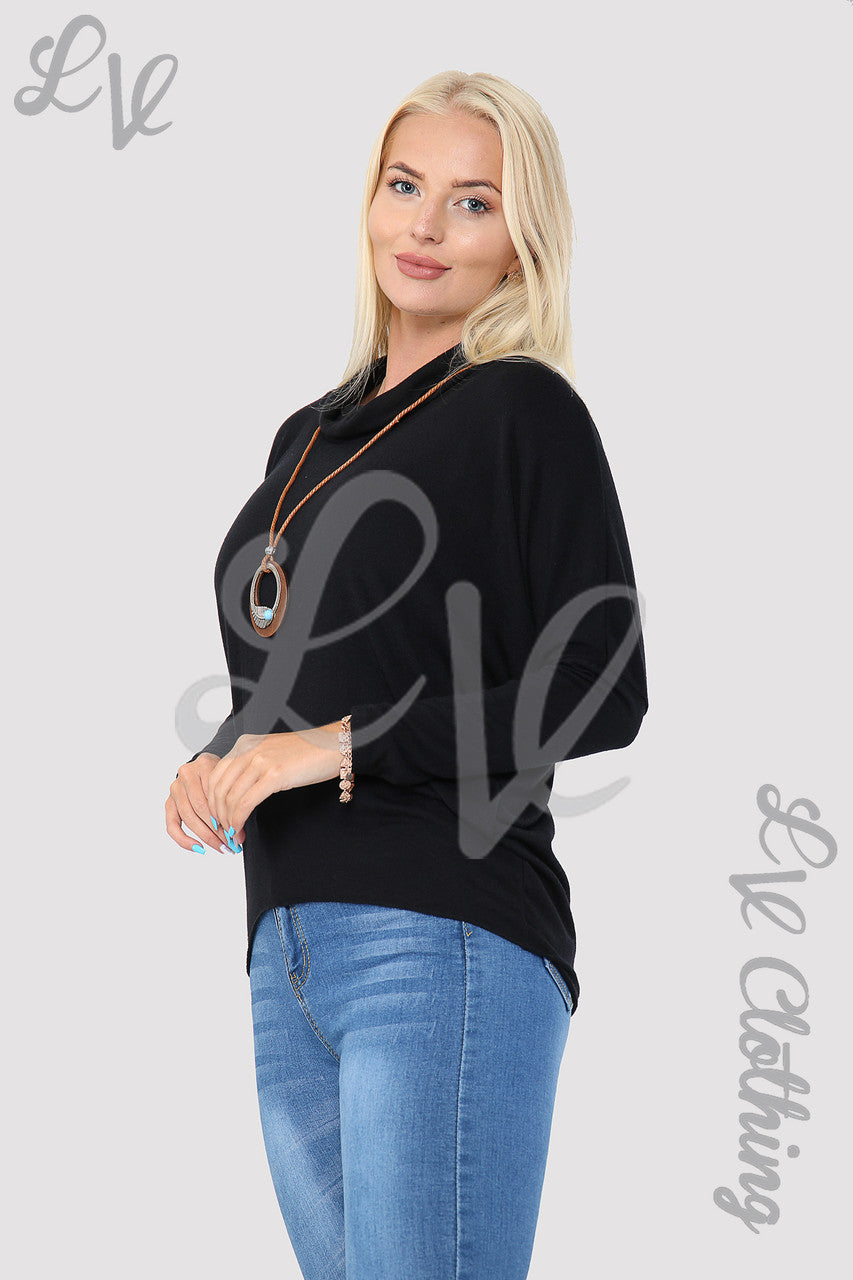 Ladies Plain Cowl Neck Top With Necklace Black - Unit Price £6.99
