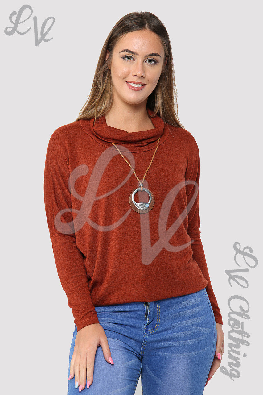 Ladies Plain Cowl Neck Top With Necklace Rust - Unit Price £10.99