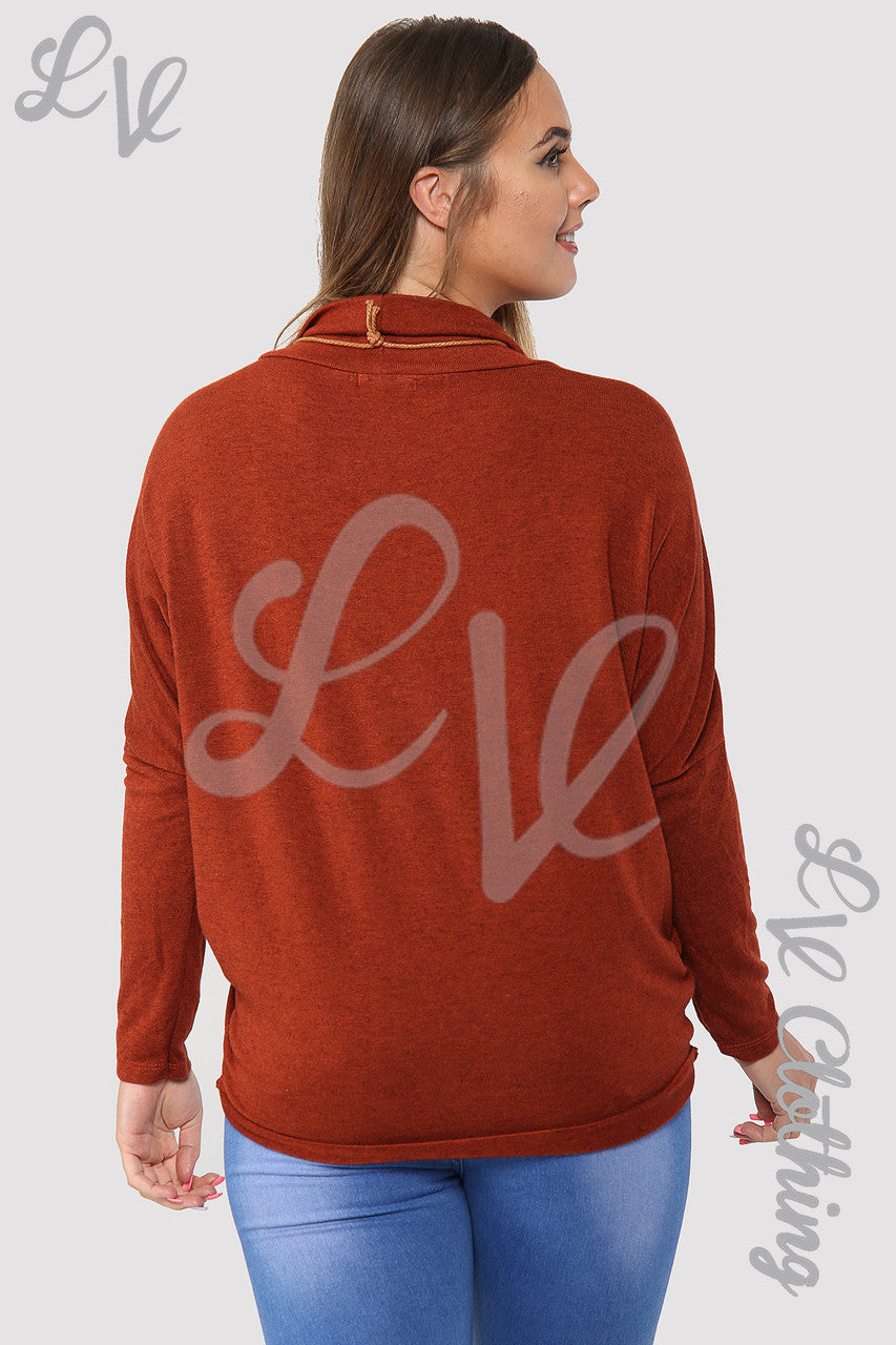 Ladies Plain Cowl Neck Top With Necklace Rust - Unit Price £10.99