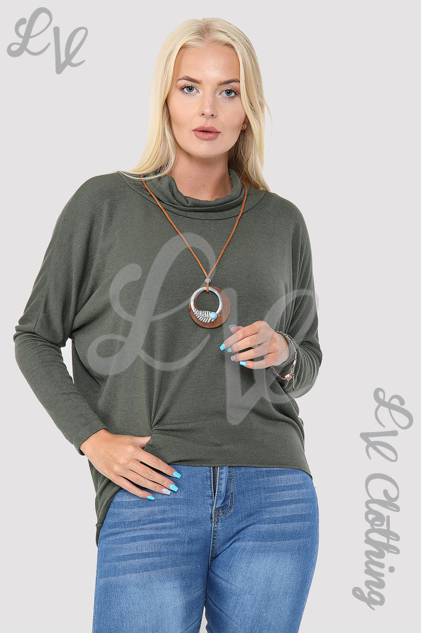 Ladies Plain Cowl Neck Top With Necklace Khaki - Unit Price £10.99