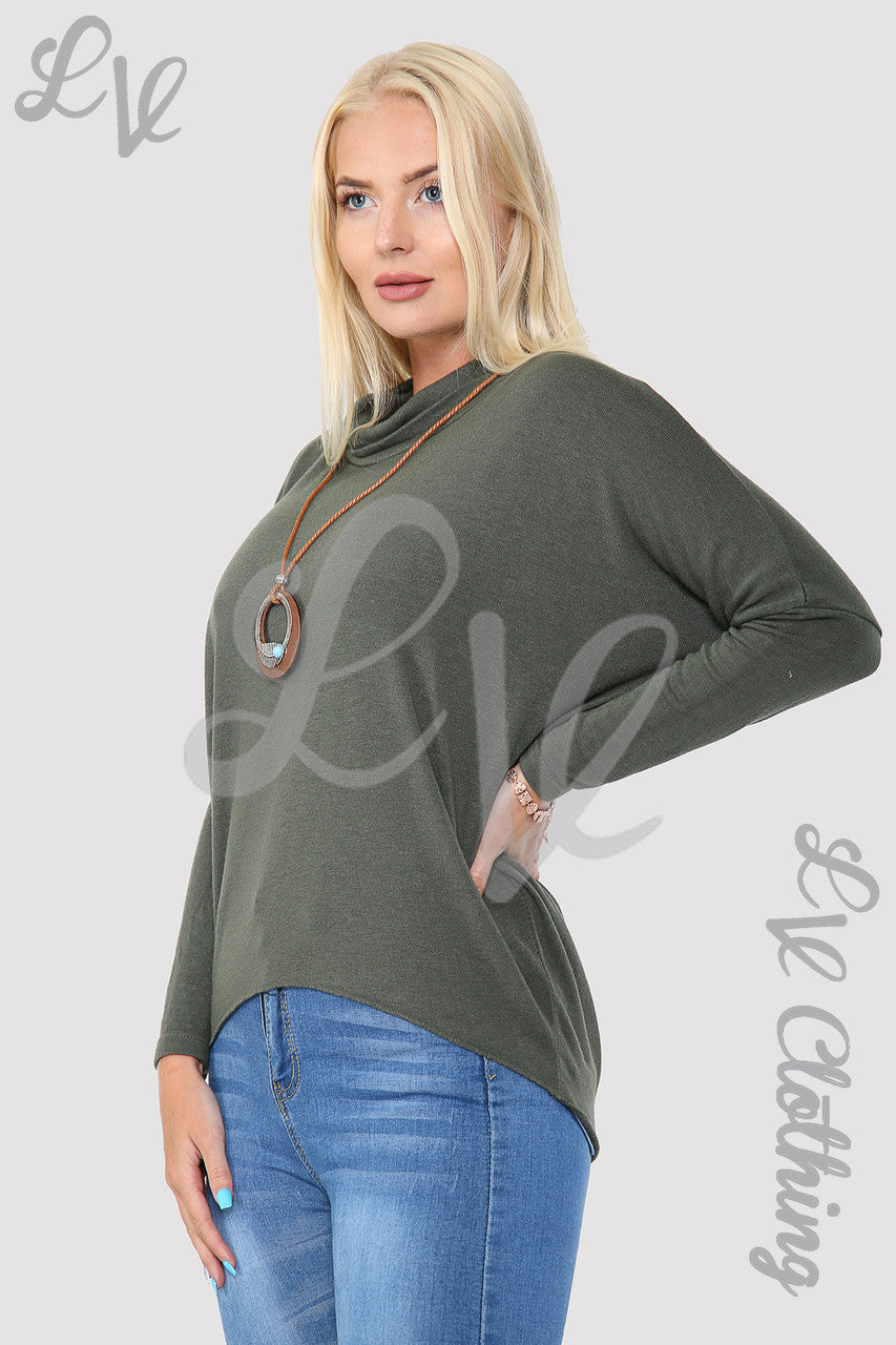 Ladies Plain Cowl Neck Top With Necklace Khaki - Unit Price £10.99