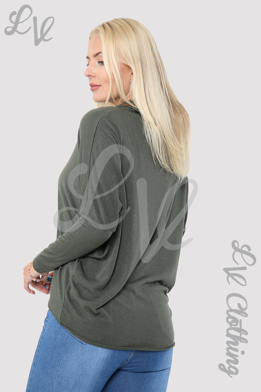 Ladies Plain Cowl Neck Top With Necklace Khaki - Unit Price £10.99