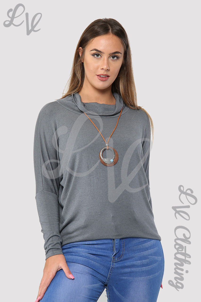 Ladies Plain Cowl Neck Top With Necklace Grey - Unit Price £10.99