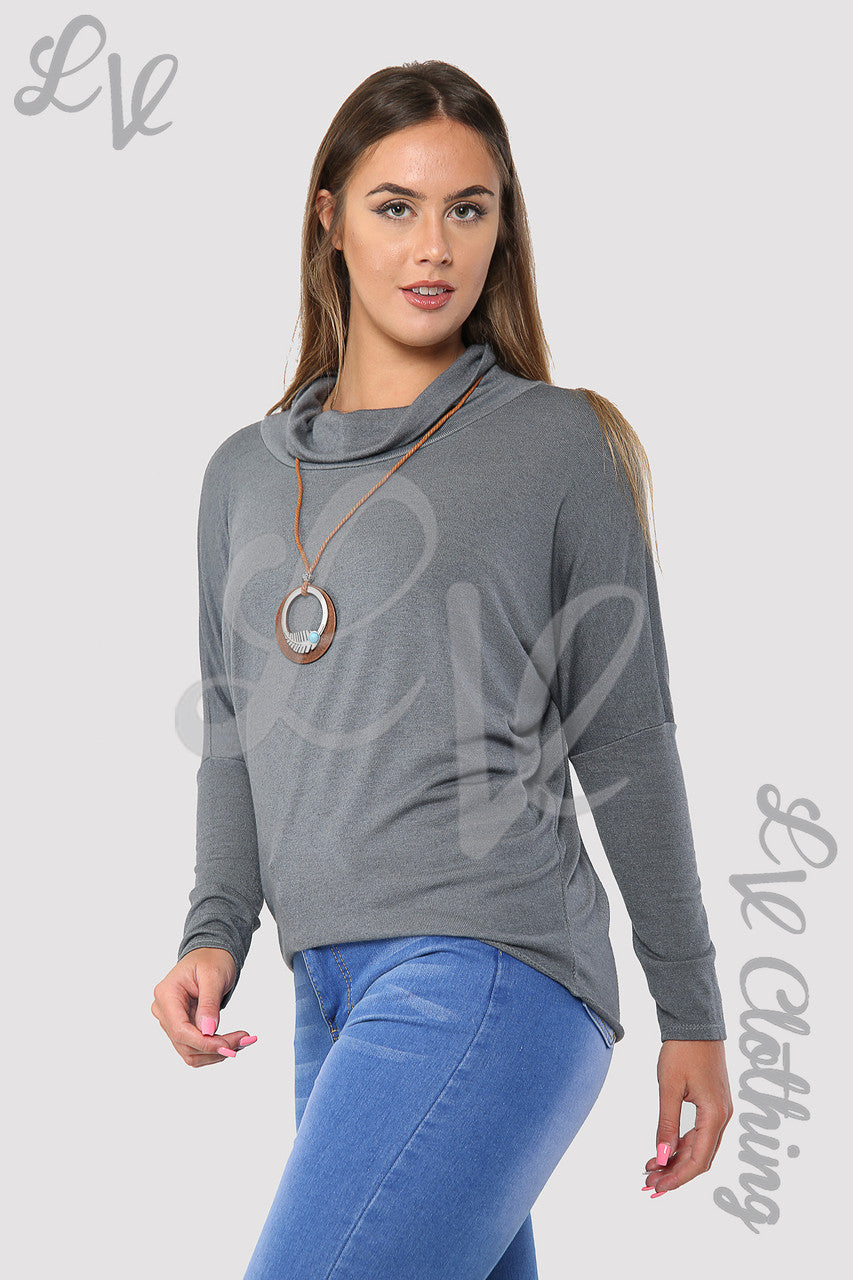 Ladies Plain Cowl Neck Top With Necklace Grey - Unit Price £10.99