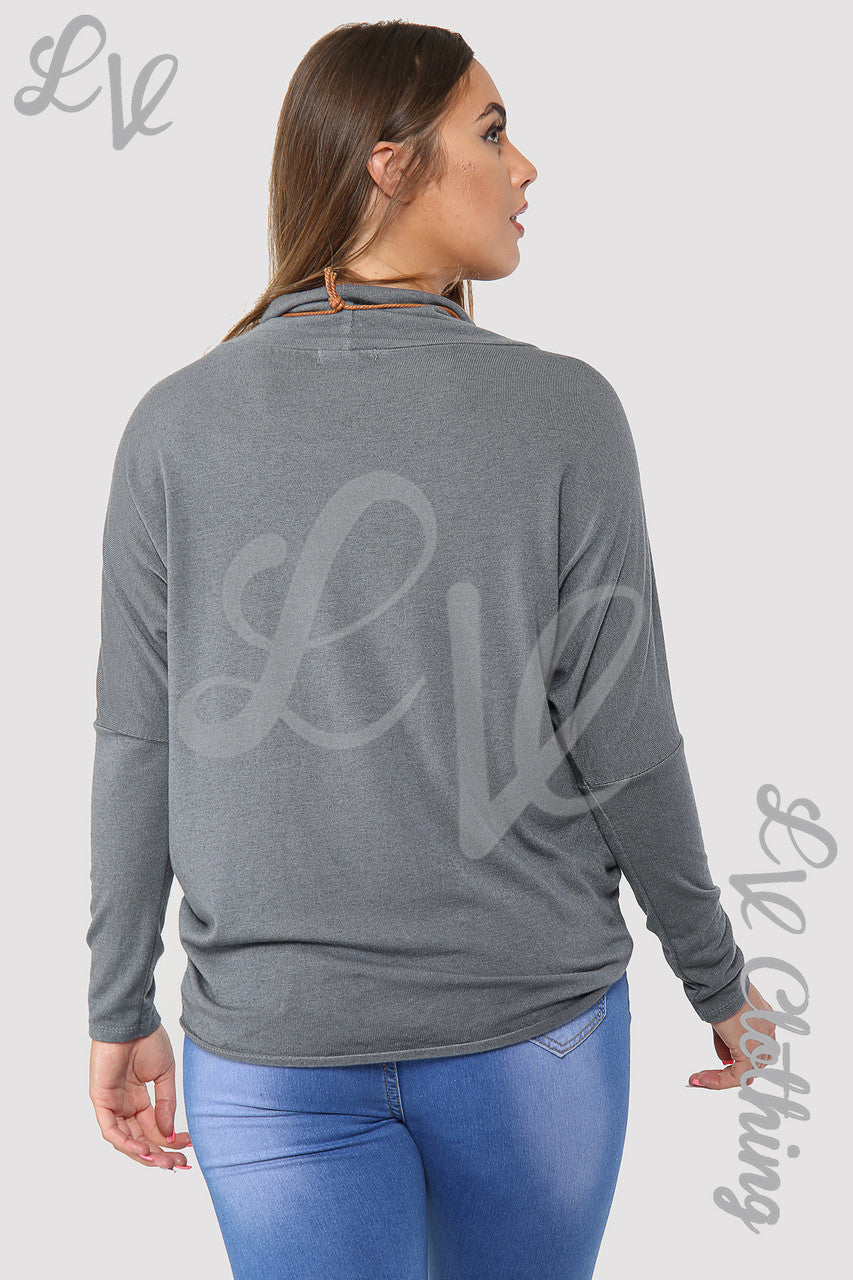 Ladies Plain Cowl Neck Top With Necklace Grey - Unit Price £10.99
