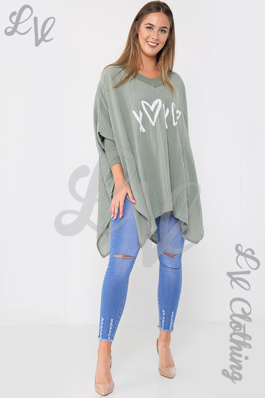 Ladies Love Heart & Cross Graphic Batwing Top Khaki - Unit Price £15.99